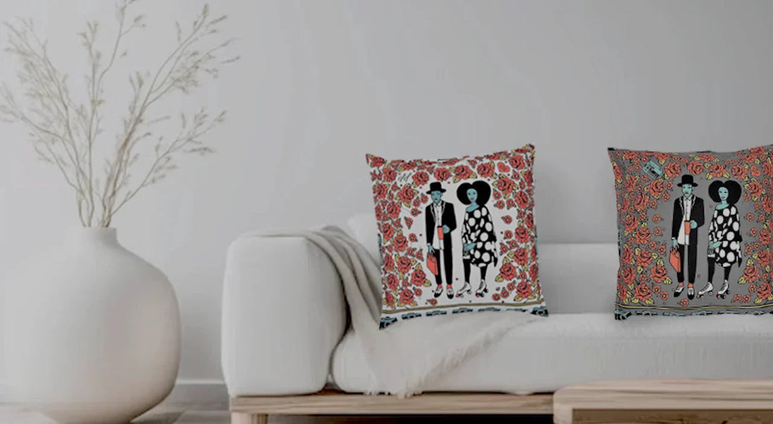 Handmade African red throw pillow set on a floral background brings a touch of cultural and designer flair to your home, the perfect anniversary gift from 54kibo.