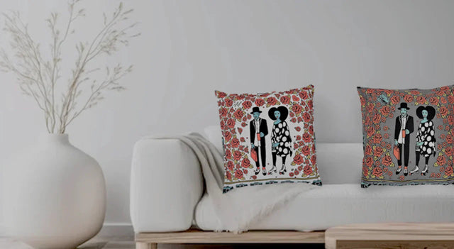 Handmade African red throw pillow set on a floral background brings a touch of cultural and designer flair to your home, the perfect anniversary gift from 54kibo.
