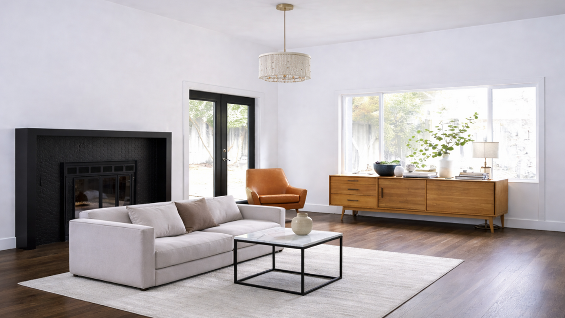 Home renovation mistakes shown in a living room with mismatched furniture scale, small chandelier, and layout that feels slightly off in proportion.
