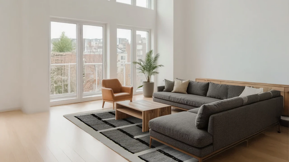 Modern living room with furniture centered on a large patterned area rug, illustrating how to anchor a room with a rug.