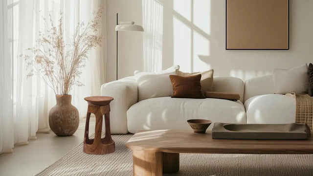 Warm living room with natural materials and soft light, interior design for life transitions