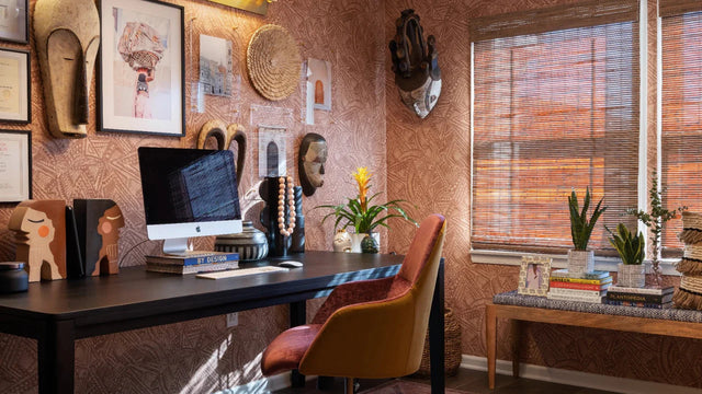 Home office with meaningful art and masks, objects that mark a new chapter
