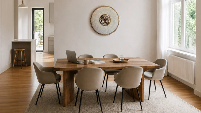 Dining room with open space and restrained furnishing, showing how a home can feel calm before every room is fully completed
