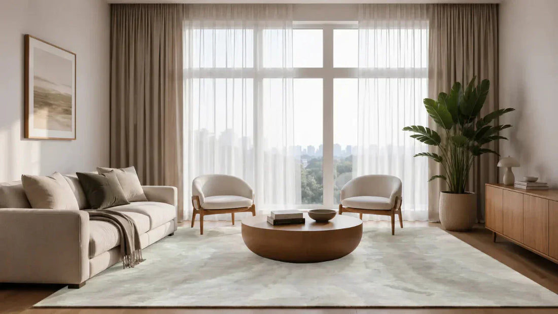 Living room with round wooden coffee table and inward-facing chairs showing balanced spatial relationships and visual steadiness