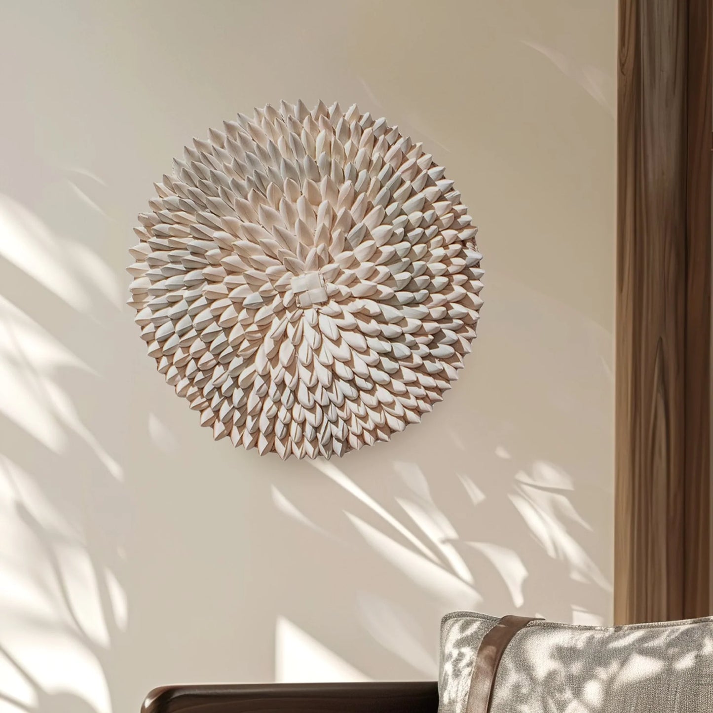 Large flat-back wall basket handwoven in Zimbabwe with radiating porcupine-quill weave in natural fiber