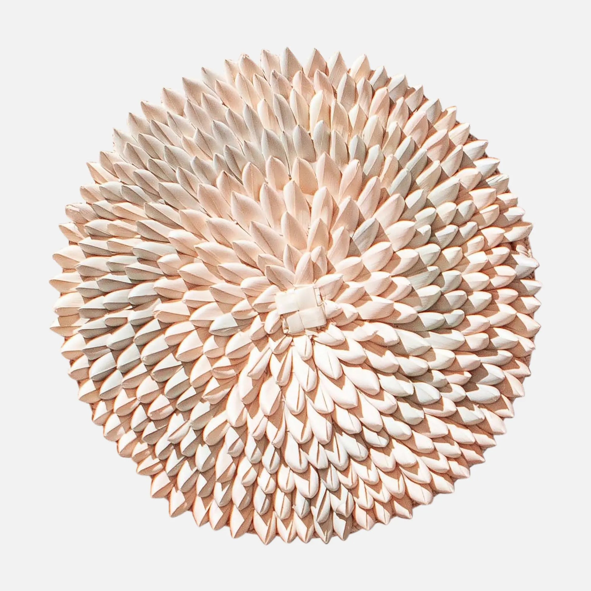 Flat-back wall basket handwoven in Zimbabwe with radiating porcupine-quill weave in natural fiber