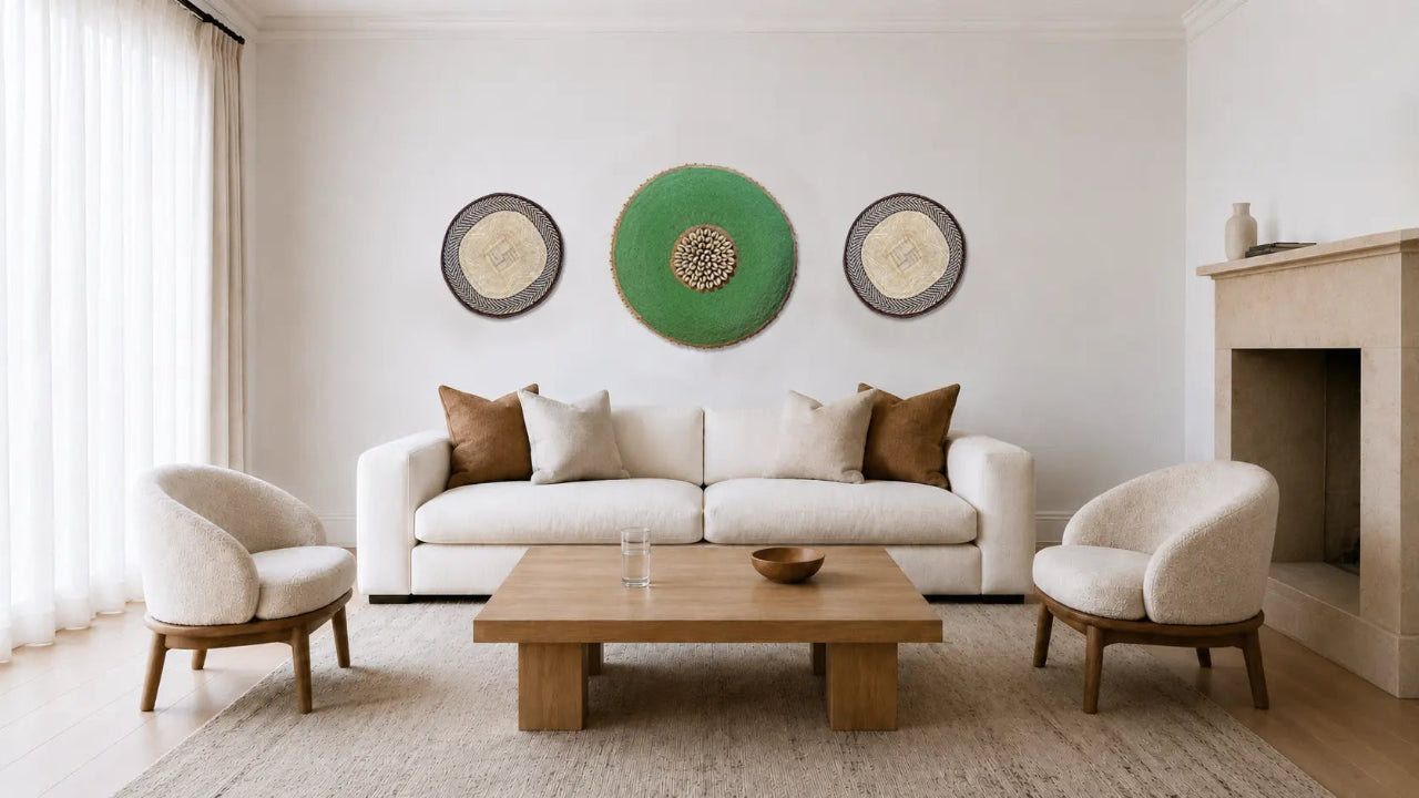 Symmetrical living room with sofa, flanking chairs, and low coffee table showing how object relationships create spatial steadiness.